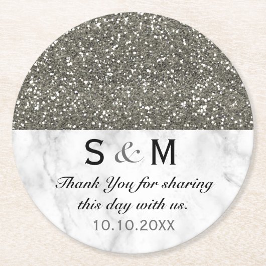 銀グリッター及びホワイトマーブル結婚ズモノグラム ラウンドペーパーコースター (正面)