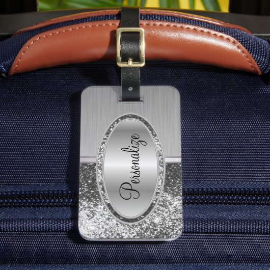 銀グリッター及び金属ブラシ鋼プリント ラゲッジタグ (正面インサイチュ2)