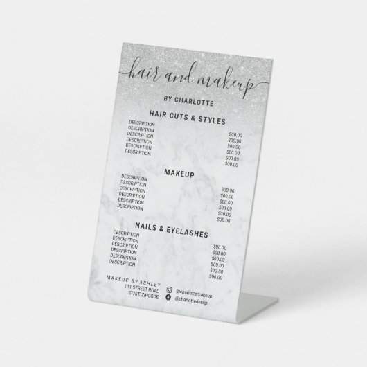 銀グリッター大理石ヘア化粧サロン価格 台座サイン (正面)