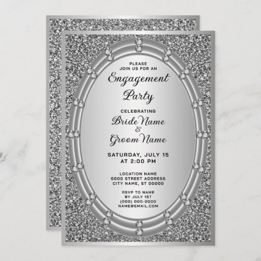 銀グリッター枠婚約招待状 招待状 (正面/裏面)