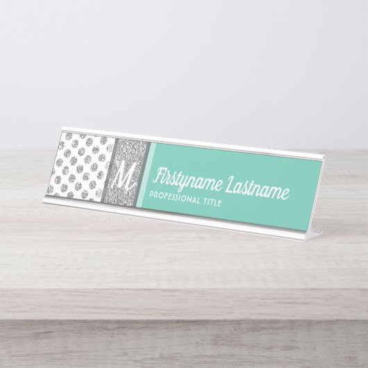 銀グリッター水玉模様モノグラムは色を変更できる デスクネームプレート (正面)