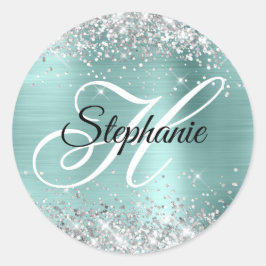 銀グリッター淡い色のターコイズフォイルファンシーモノグラム ラウンドシール