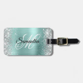 銀グリッター淡い色のターコイズフォイルファンシーモノグラム ラゲッジタグ (正面横)