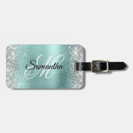銀グリッター淡い色のターコイズフォイルファンシーモノグラム ラゲッジタグ