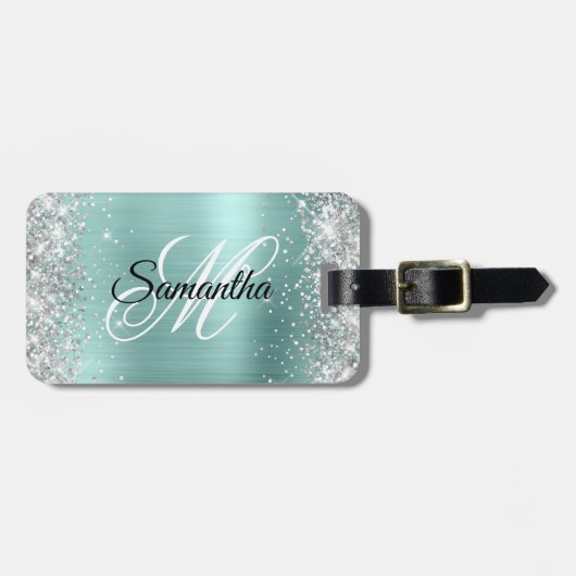 銀グリッター淡い色のターコイズフォイルファンシーモノグラム ラゲッジタグ (正面横)