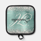 銀グリッター淡い色のターコイズフォイルファンシーモノグラム 鍋敷き (正面)