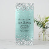 銀グリッター淡い色のターコイズフォイル50誕生日 招待状 (スタンド正面)