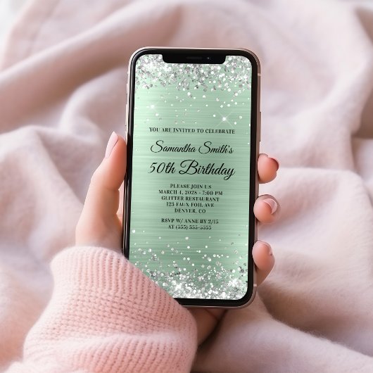 銀グリッター淡い色のミントフォイル50誕生日 招待状