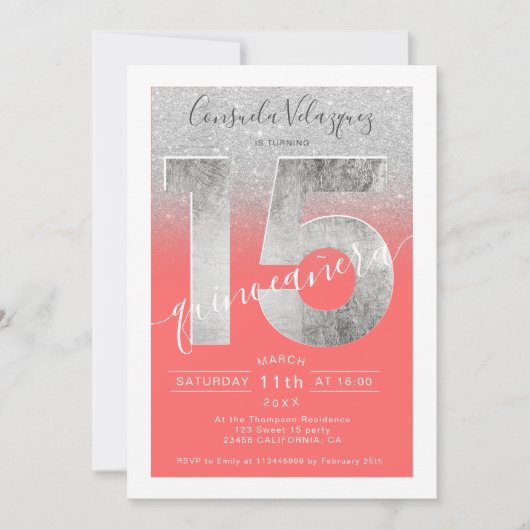 銀グリッター箔スクリプトcoralキンセアニェラ写真 招待状 (正面)