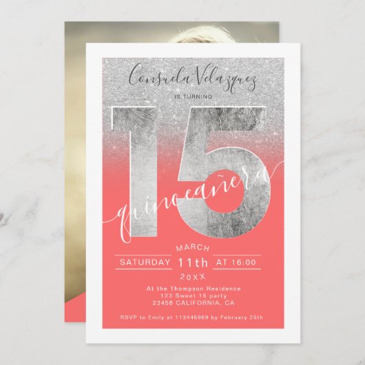 銀グリッター箔スクリプトcoralキンセアニェラ写真 招待状 (正面/裏面)