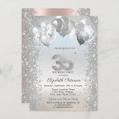 銀グリッター紙吹雪バルーン35誕生日 招待状 (正面/裏面)