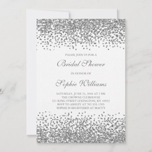 銀グリッター紙吹雪ブライダルシャワー 招待状 (正面)