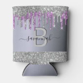 銀グリッター紫スパークルパーティーモノグラム 缶クーラー (正面)