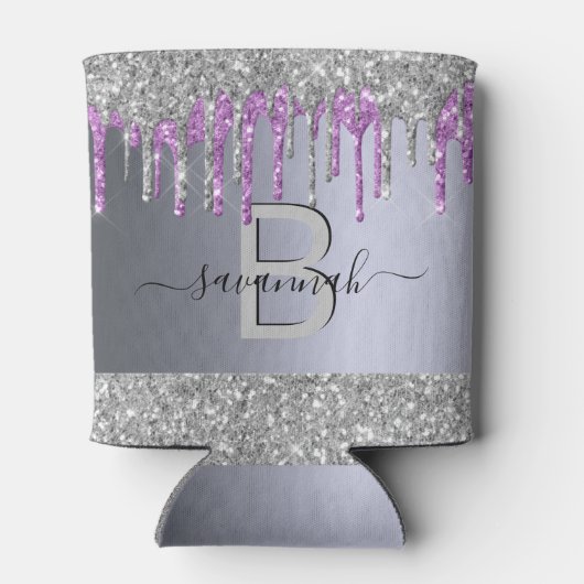 銀グリッター紫スパークルパーティーモノグラム 缶クーラー (裏面)