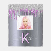 銀グリッター紫フォトモノグラム名 フリースブランケット (正面)