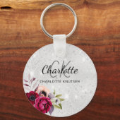 銀グリッター花バーガンディーモノグラム キーホルダー (正面)