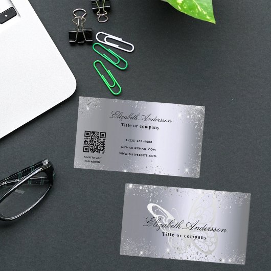 銀グリッター蝶qrコード 名刺