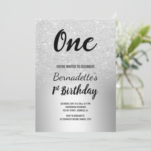 銀グリッター金グラデーション属第1の誕生日 招待状 (スタンド正面)