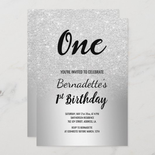 銀グリッター金グラデーション属第1の誕生日 招待状 (正面/裏面)