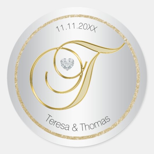 銀グリッター金ゴールドモノグラ結婚ム封筒用シール ラウンドシール (正面)
