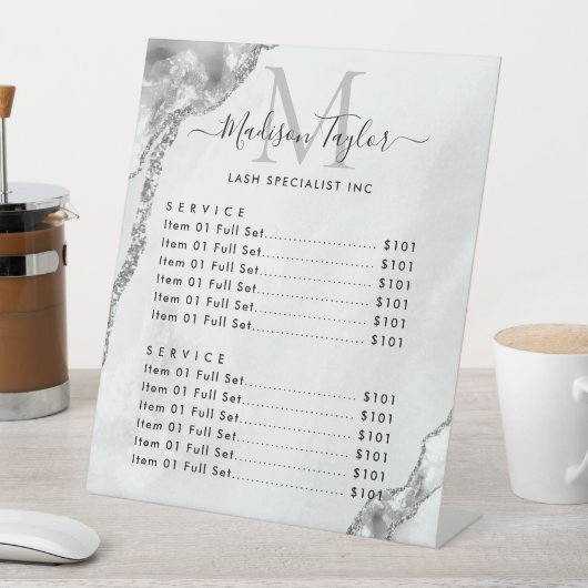 銀グレーモダングリッターアゲートマーブルモノグラム 台座サイン (インサイチュ)