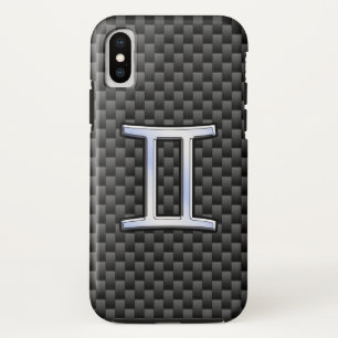 銀ジェミニサインオンチャコールカーボンファイバープリント iPhone XSケース