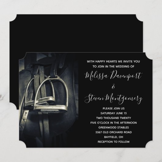 銀スタイリッシュのスターラップオンイングリッシュライディングサドル 招待状 (正面/裏面)