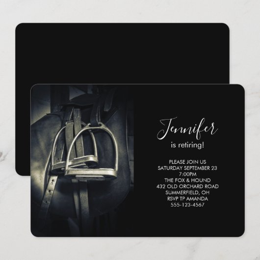 銀スタイリッシュのスターラップオンイングリッシュライディングサドル 招待状 (正面/裏面)