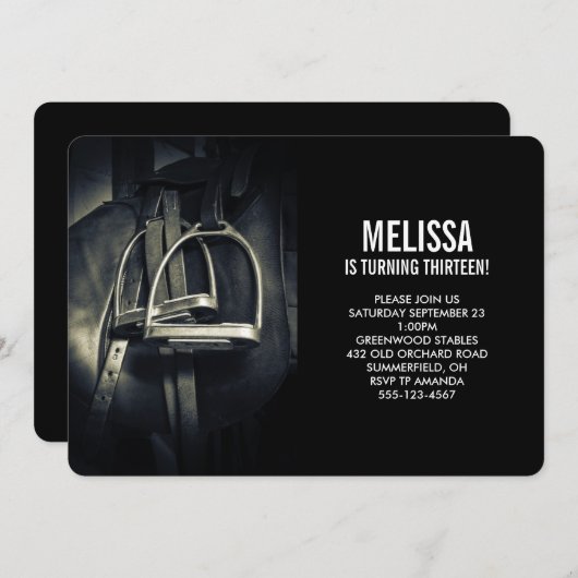 銀スタイリッシュのスターラップオンイングリッシュライディングサドル 招待状 (正面/裏面)