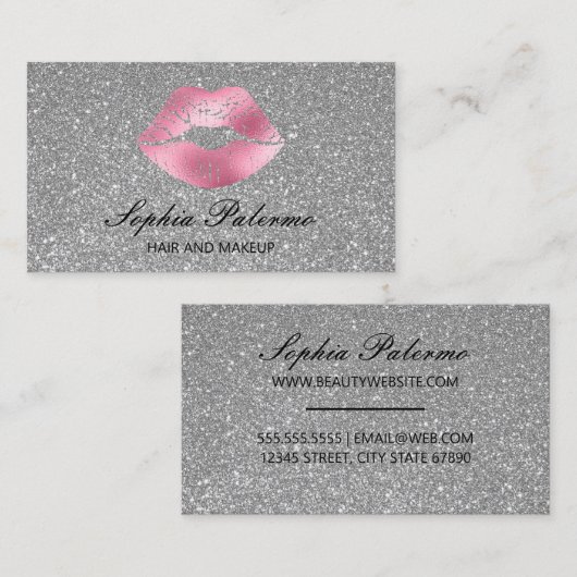 銀スタイリッシュグリッター及びピンク唇 名刺 (正面/裏面)