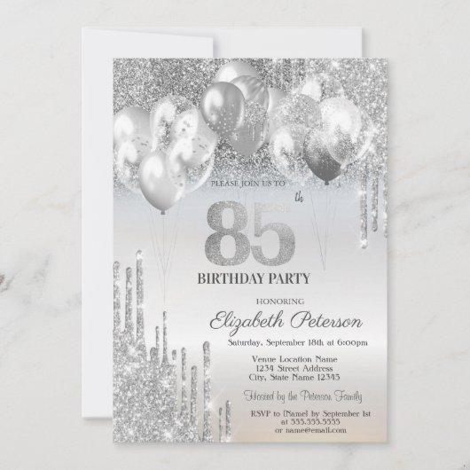 銀スタイリッシュグリッター吹き出し85番目の誕生日 招待状 (正面)