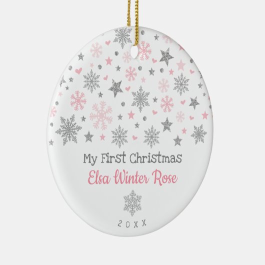 銀スタイリッシュピンクスノーフレークベビー初めてのクリスマス セラミックオーナメント (右)
