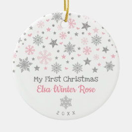 銀スタイリッシュピンクスノーフレークベビー初めてのクリスマス セラミックオーナメント