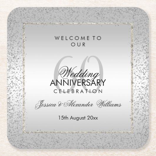 銀スタイリッシュ紙吹雪60結婚代 スクエアペーパーコースター (正面)
