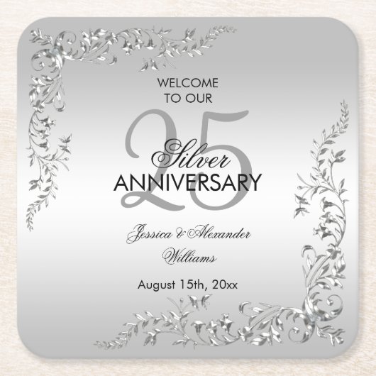 銀スタイリッシュ賞25結婚周年記念 スクエアペーパーコースター (正面)