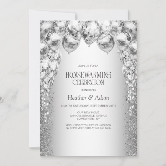 銀スタイリッシュ風船引っ越し祝いパーティーパーティー 招待状 (正面)