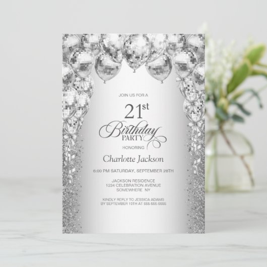 銀スタイリッシュ風船21歳の誕生日パーティー 招待状 (スタンド正面)