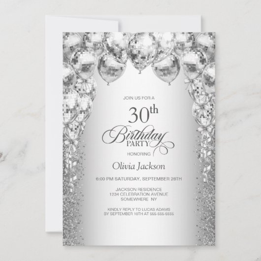 銀スタイリッシュ風船30歳の誕生日パーティー 招待状 (正面)