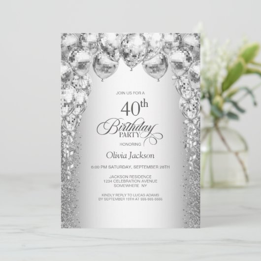 銀スタイリッシュ風船40歳の誕生日パーティー 招待状 (スタンド正面)