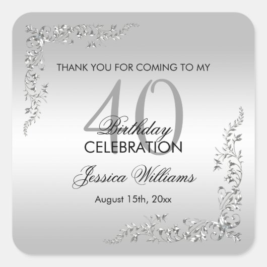 銀スタイリッシュ飾40歳の誕生日パーティー スクエアシール (正面)