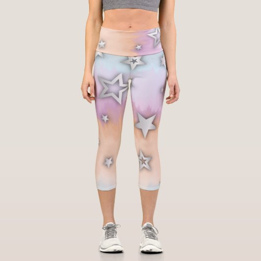 銀スターズフェイクオンパステルピンクブルーオレンジ カプリレギンス (正面)