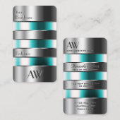 銀ティール（緑がかった色）ガラス版木、銅版、版画文字付きモノグラム 名刺 (正面/裏面)