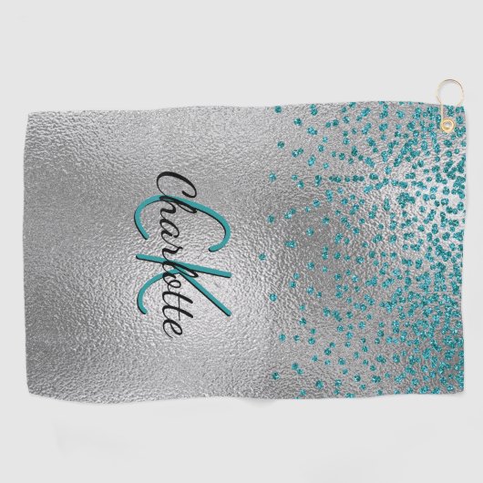 銀ティール（緑がかった色）グリッターカスタムモノグラムグリーン ゴルフタオル (横)