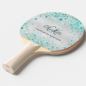 銀ティール（緑がかった色）グリッターグリーンモノグラム名 卓球ラケット (正面アングル)