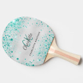 銀ティール（緑がかった色）グリッターグリーンモノグラム名 卓球ラケット (横)