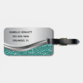 銀ティール(緑がかった色)フェイクグリッターグラムパーソナライズされたメタル ラゲッジタグ (裏面横)