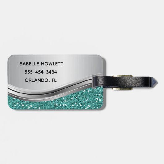 銀ティール（緑がかった色）フェイクグリッターグラムパーソナライズされたメタル ラゲッジタグ (裏面横)