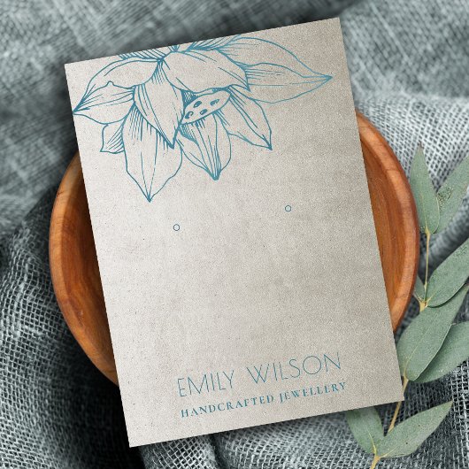 銀ティール(緑がかった色)ブルーロータスシンプルイヤリングディスプレイ 名刺