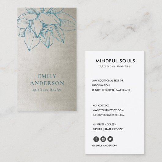 銀ティール(緑がかった色)ブルーロータスシンプル霊気スピリチュアルヒール 名刺 (正面/裏面)