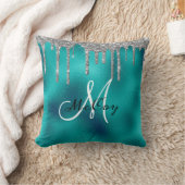 銀ティール(緑がかった色)金属グリッタールックドリップスモノグラム クッション (ブランケット)